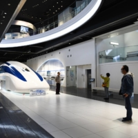 A maglev test vehicle is on display at an exhibition center in Yamanashi Prefecture. | BLOOMBERG