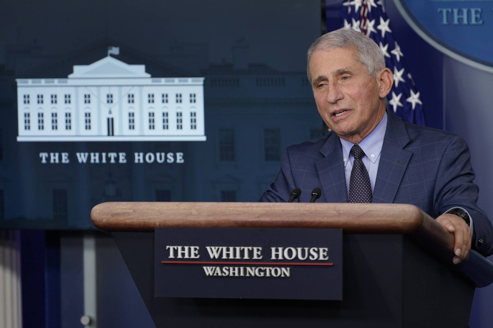 Dr. Anthony Fauci, director of the National Institute of Allergy and Infectious Diseases, speaks during a briefing with the coronavirus task force at the White House in Washington last Thursday. | AP