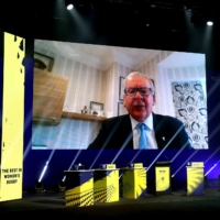 World Rugby chairman Bill Beaumont speaks via video link at the draw event for the women\'s 2021 Rugby World Cup on Nov. 20 in Auckland. | AFP-JIJI