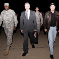 Then-U.S. Vice President Joe Biden is received by then-commander of the U.S. forces in Iraq, Gen. Lloyd Austin, and U.S. Ambassador to Iraq James Jeffrey in Baghdad in November 2011. | REUTERS