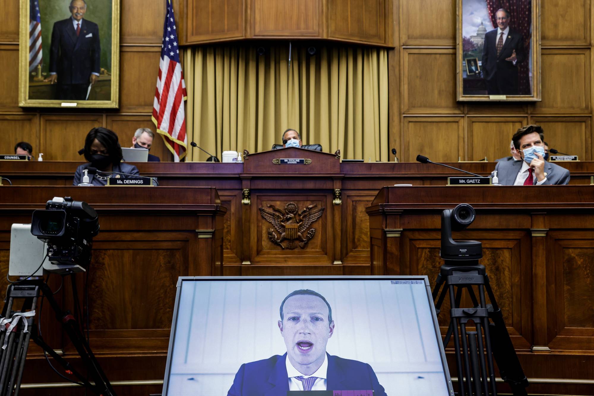 Facebook CEO Mark Zuckerberg testifies via videoconference during a hearing of the House Judiciary Subcommittee on antitrust in Washington in July.  | Graeme Jennings / Pool / via The New York Times