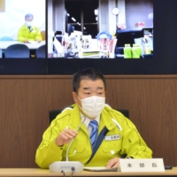 Shiga Gov. Taizo Mikazuki speaks in Otsu, Shiga Prefecture, in an online meeting held Saturday night to discuss measures on how best to tackle the bird flu outbreak. | KYODO