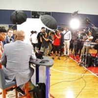 Wizards forward Rui Hachimura (left) speaks with members of the media during the team\'s media day on Sept. 30, 2019, in Washington. | USA TODAY / VIA REUTERS