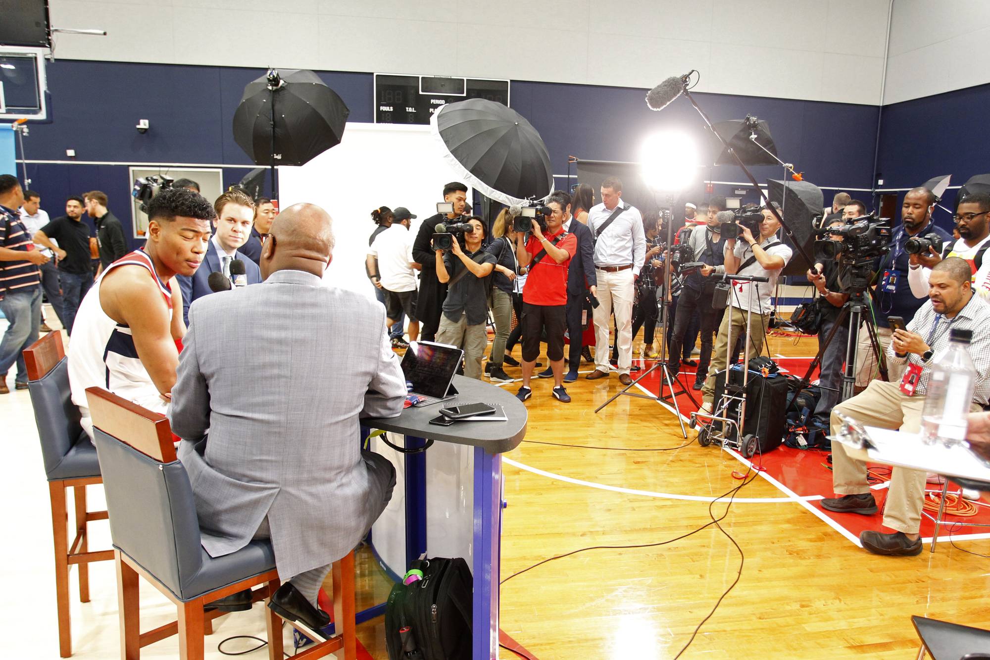 Wizards forward Rui Hachimura (left) speaks with members of the media during the team's media day on Sept. 30, 2019, in Washington. | USA TODAY / VIA REUTERS