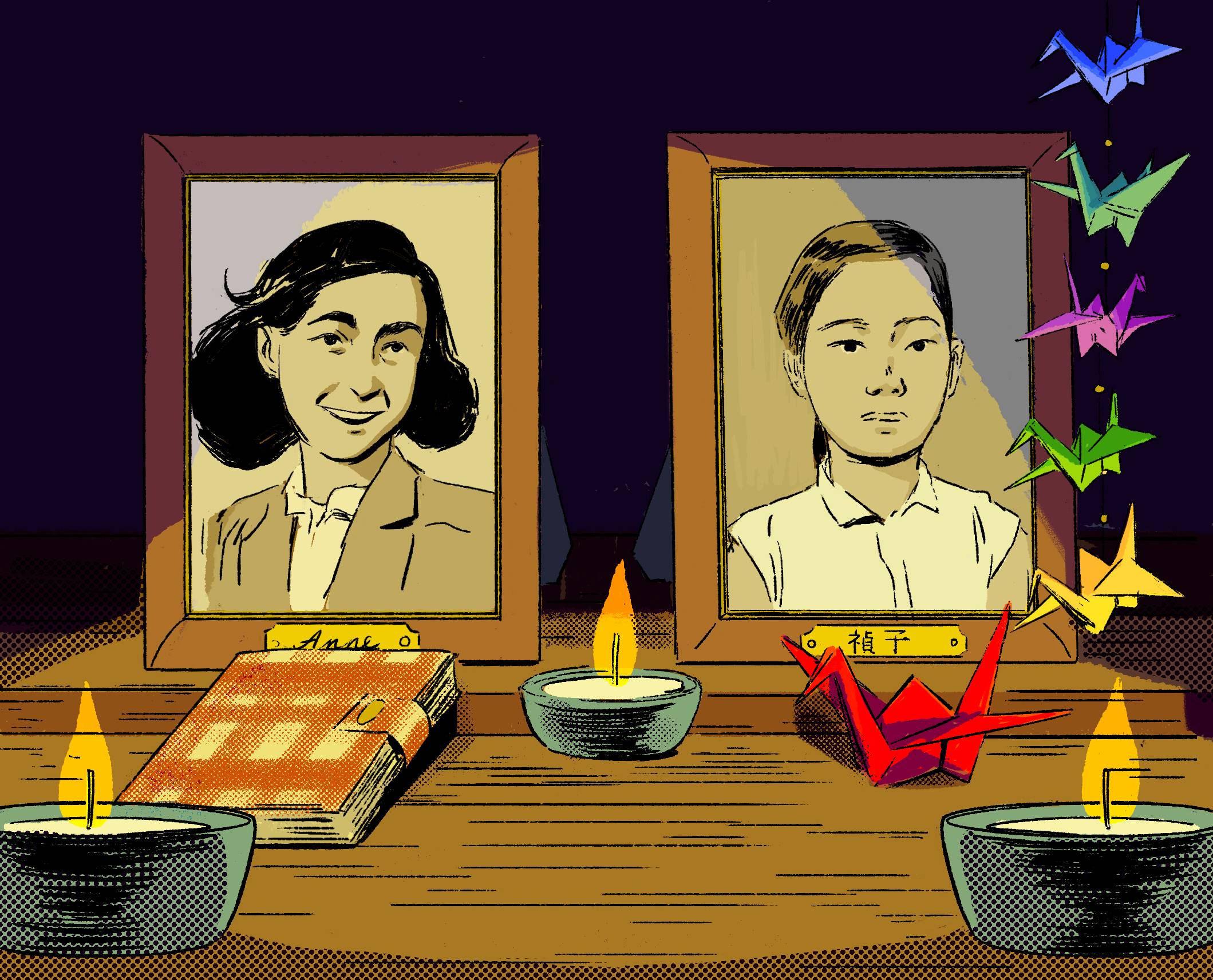 Symbols of hope: The stories of Anne Frank and Sadako Sasaki are taught to schoolchildren around the world.  | ILLUSTRATION BY MING ONG