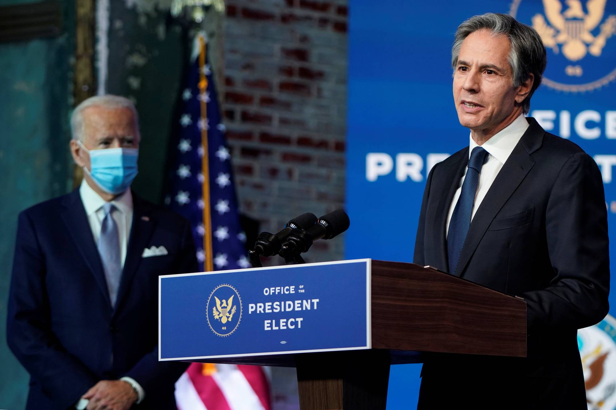 Antony Blinken, U.S. President-elect Joe Biden's nominee for secretary of state, speaks as Biden announces his national security nominees and appointees at his transition headquarters in Wilmington, Delaware, on Nov. 24. | REUTERS