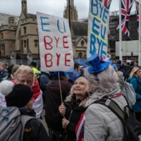 People celebrating in London on Jan. 31, as the United Kingdom officially left the European Union.   | ANDREW TESTA / THE NEW YORK TIMES
