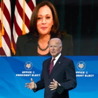 U.S. President-elect Joe Biden speaks as Vice President-elect Kamala Harris watches via video link during a news conference at Biden\'s transition headquarters in Wilmington, Delaware, on Dec. 16. | POOL / VIA REUTERS