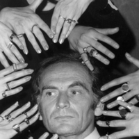 Cardin with an assortment of rings from his latest jewelry collection in Paris in 1969 | AP