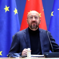 Charles Michel, president of the European Council, attends an EU-China investment accord virtual meeting in the Europa Building in Brussels on Wednesday. | POOL / VIA BLOOMBERG