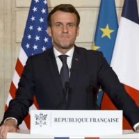 French President Emmanuel Macron delivers a speech Thursday after supporters of U.S. President Donald Trump stormed the U.S. Capitol. | EMMANUEL MACRON TWITTER ACCOUNT  / VIA AFP-JIJI