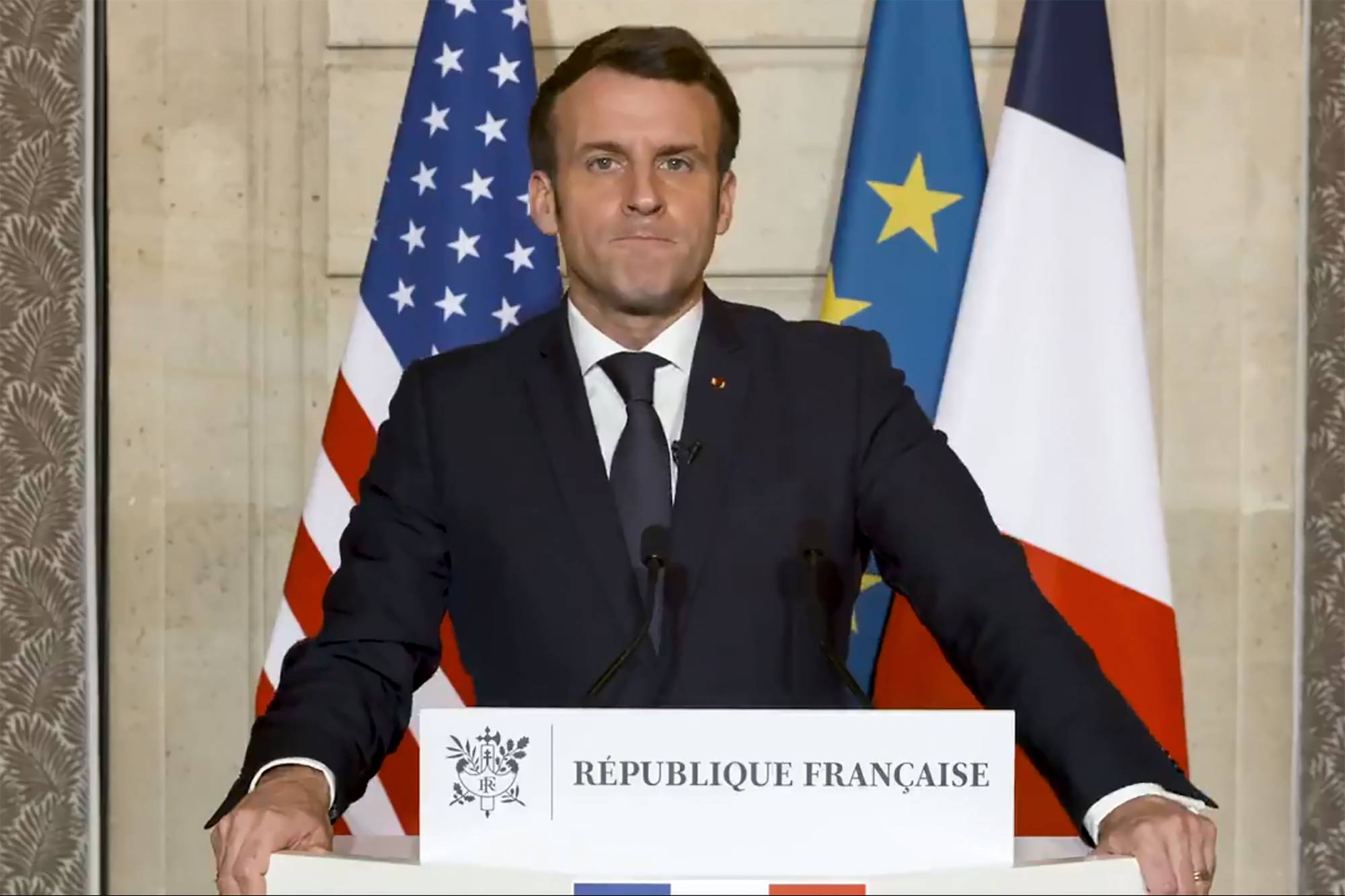 French President Emmanuel Macron delivers a speech Thursday after supporters of U.S. President Donald Trump stormed the U.S. Capitol. | EMMANUEL MACRON TWITTER ACCOUNT / via AFP-JIJI