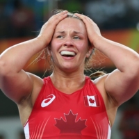 Canada\'s Erica Wiebe celebrates after winning the women\'s freestyle 75-kg gold medal at the Rio Olympics on Aug. 18, 2016, in Rio de Janeiro. | REUTERS