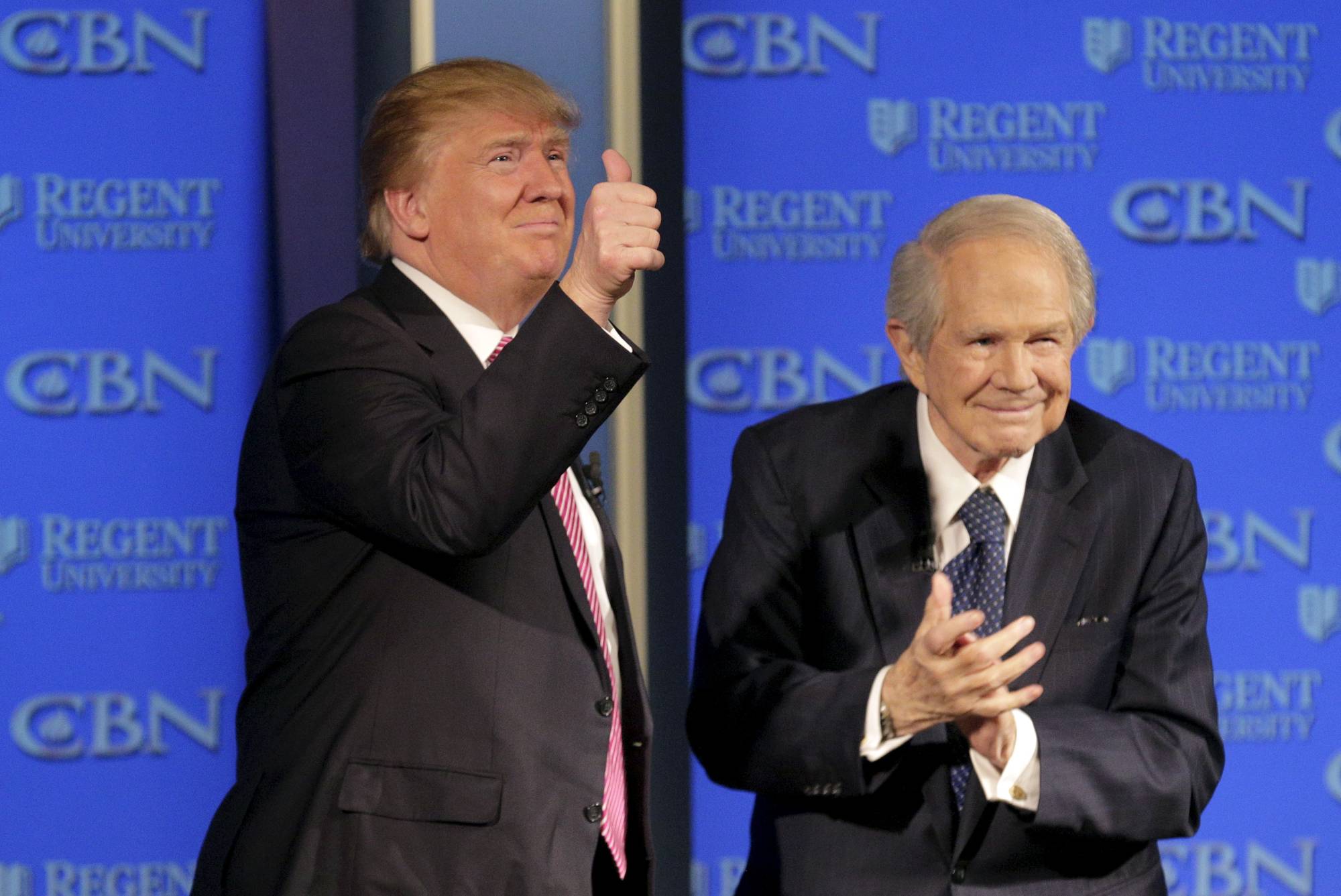 Donald Trump, then-U.S. Republican presidential candidate, acknowledges the audience after speaking with Pat Robertson at a campaign event at Regents University in Virginia Beach, Virginia, in February 2016. The deep-pocketed conservative 
