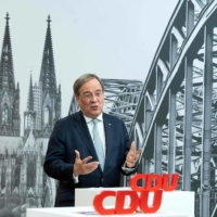 Armin Laschet, North Rhine-Westphalia\'s state premier and state chairman of the Christian Democratic Union, speaks in Cologne, Germany, on Saturday during the party\'s virtual new year reception. Leadership candidates, including Laschet, are all currently unpopular with German voters ahead of 2021 national elections. | POOL / VIA AFP-JIJI