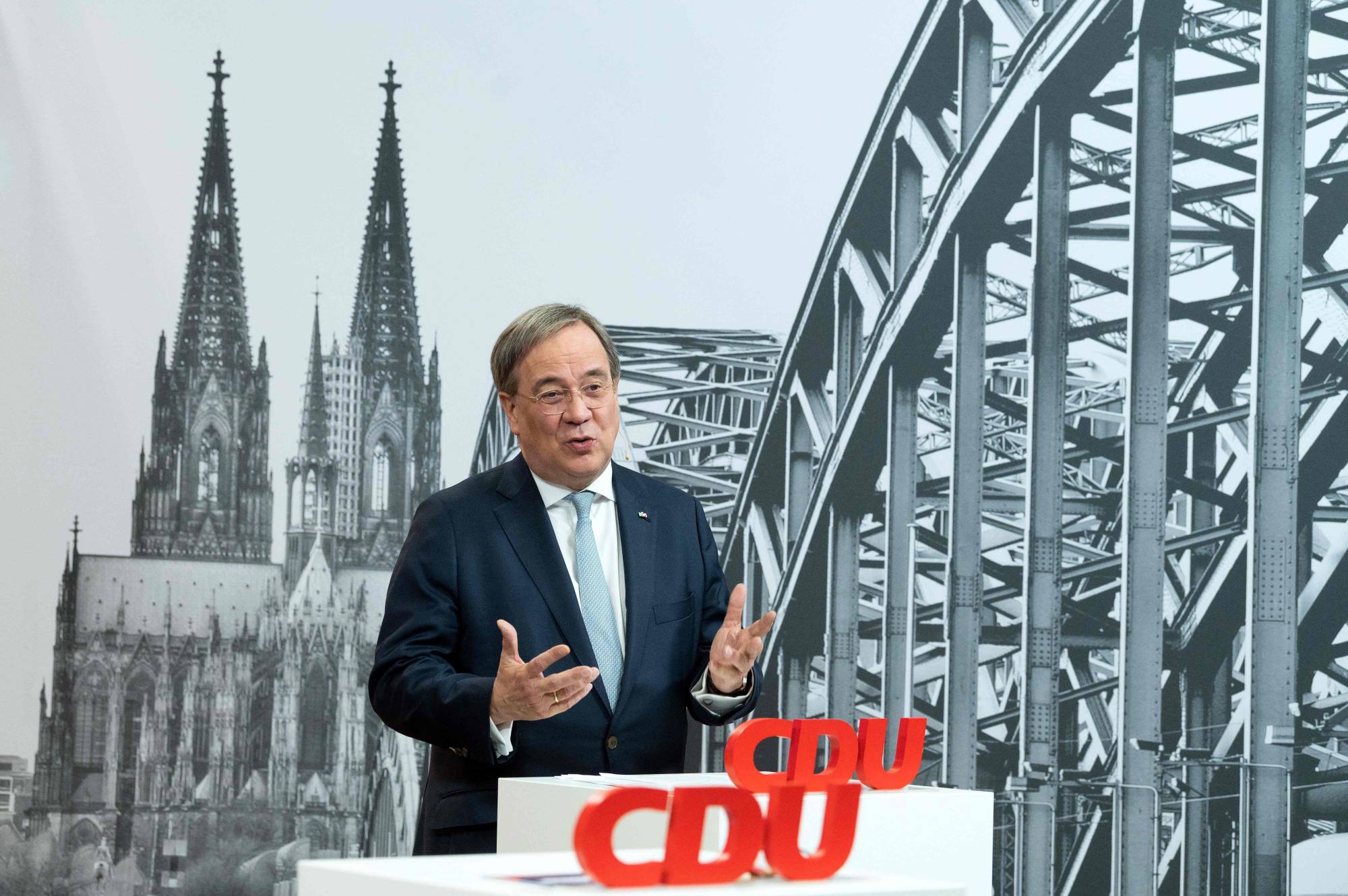 Armin Laschet, North Rhine-Westphalia's state premier and state chairman of the Christian Democratic Union, speaks in Cologne, Germany, on Saturday during the party's virtual new year reception. Leadership candidates, including Laschet, are all currently unpopular with German voters ahead of 2021 national elections. | POOL / via AFP-JIJI
