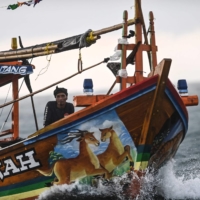 Fishermen at sea near Lancang Island on Sunday | AFP-JIJI