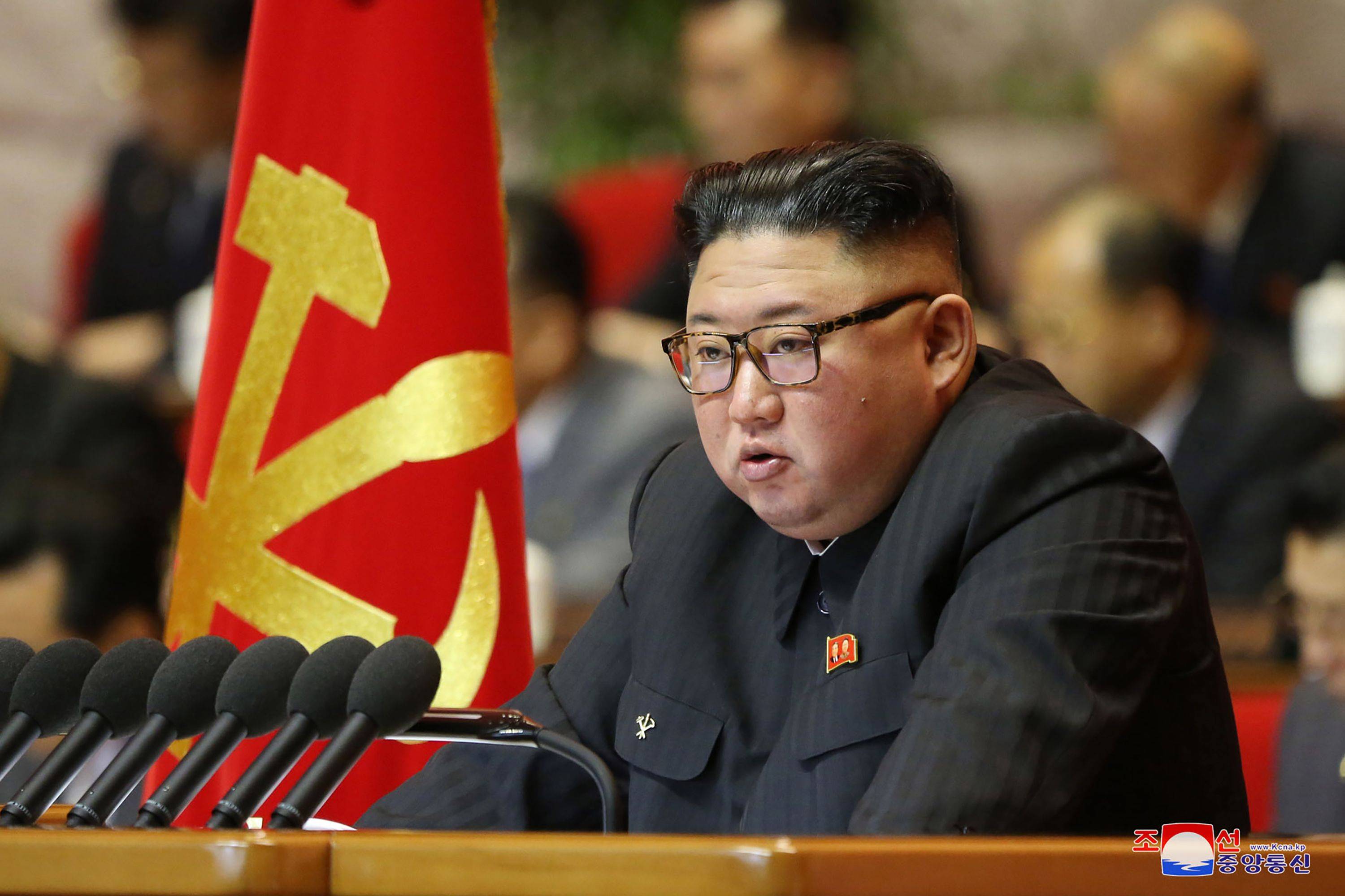 North Korean leader Kim Jong Un speaks during the second day of the 8th Congress of the Workers' Party of Korea (WPK) in Pyongyang on Jan. 6.  | KCNA / KNS / VIA AFP-JIJI