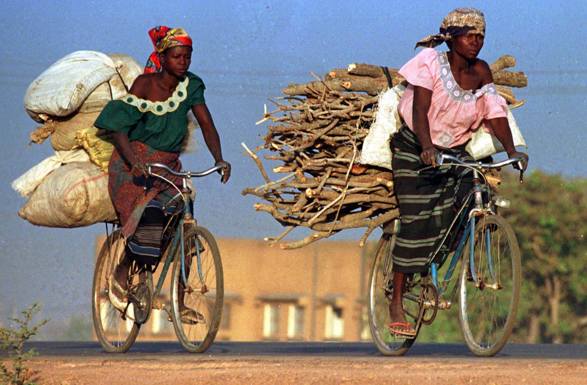 Women in Burkina Faso carry wood and sacks of food on bicycles. About a quarter of the Earth's land area is in a bad condition due to natural processes such as erosion and human practices like deforestation and overgrazing, scientists say. | Reuters