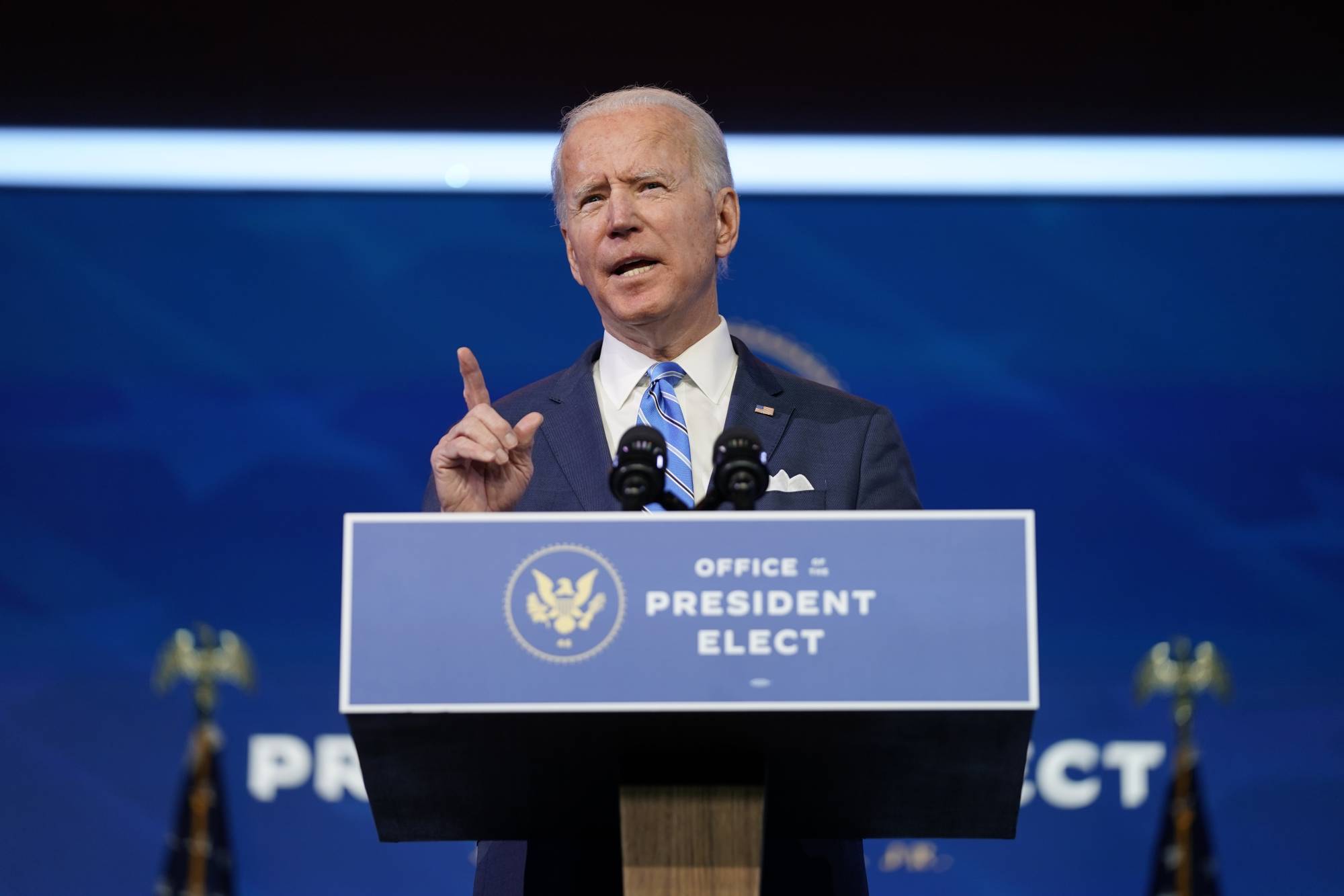 U.S. President-elect Joe Biden speaks at the Queen Theater in Wilmington, Delaware, on Thursday. Biden proposed a $1.9 trillion rescue package to combat the economic downturn amid the COVID-19 crisis. | AMR ALFIKY / THE NEW YORK TIMES