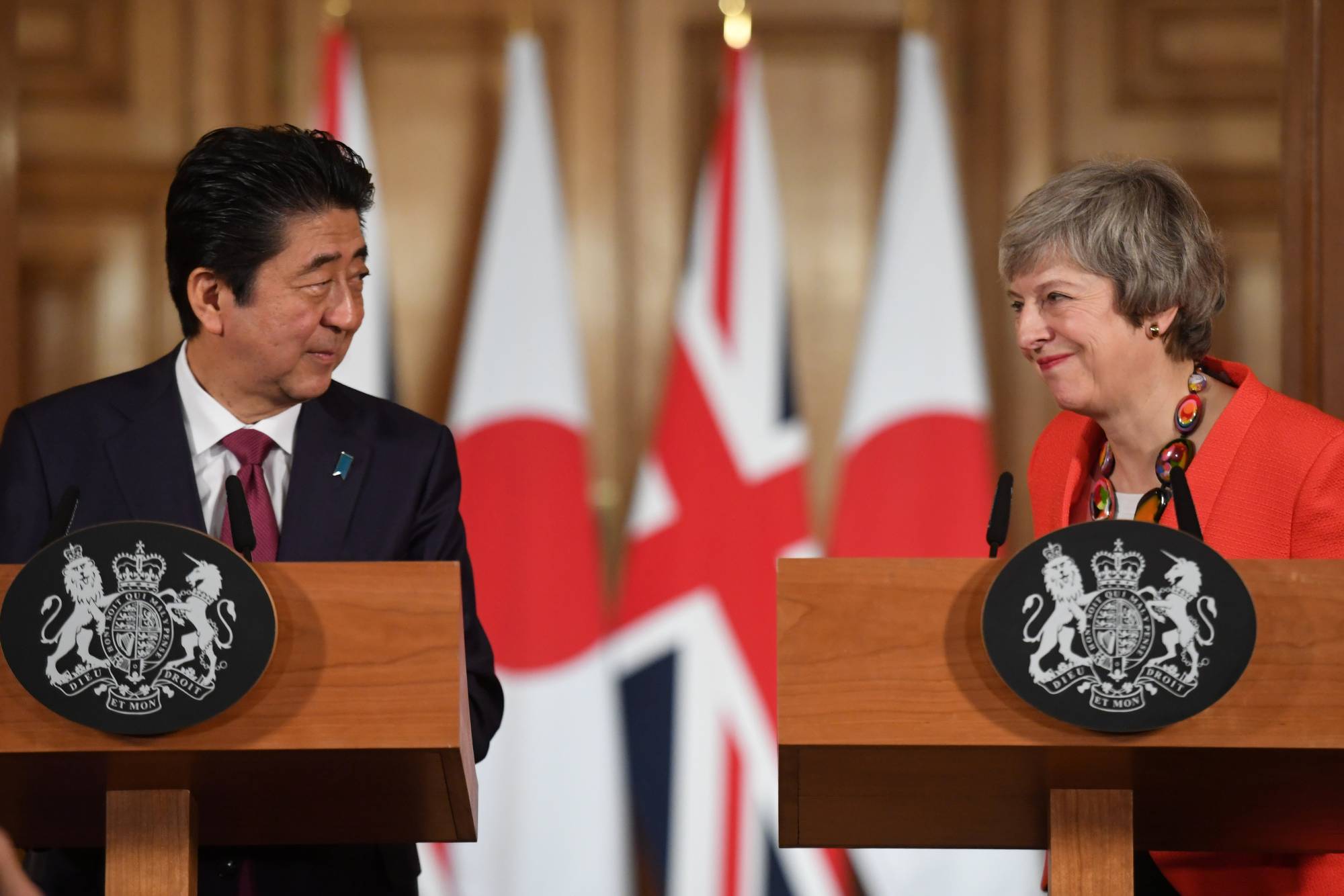 Britain's then-Prime Minister Theresa May and then-Prime Minister Shinzo Abe enjoyed a good relationship, with meetings in 2017 and 2019. | Pool / Via Reuters