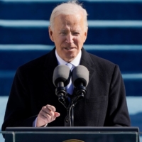 Joe Biden delivers a speech after being sworn in as the 46th president of the United States in Washington on Wednesday.  | POOL / VIA AFP-JIJI