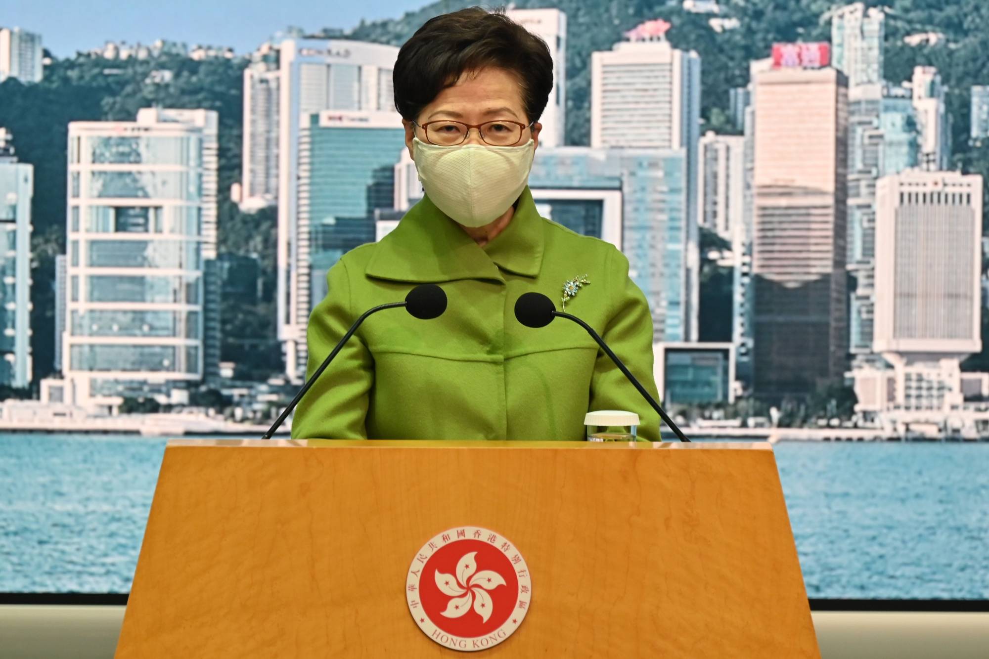 Hong Kong Chief Executive Carrie Lam speaks during a news conference at the government headquarters on Tuesday.  | AFP-JIJI