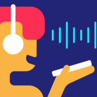 Voice chat. Girl records message on her phone in messenger. Person holds smartphone in her hands with microphone to herself. Vector flat abstract illustration on blue background. Sound waves (Voice chat. Girl records message on her phone in messenger. | GETTY IMAGES
