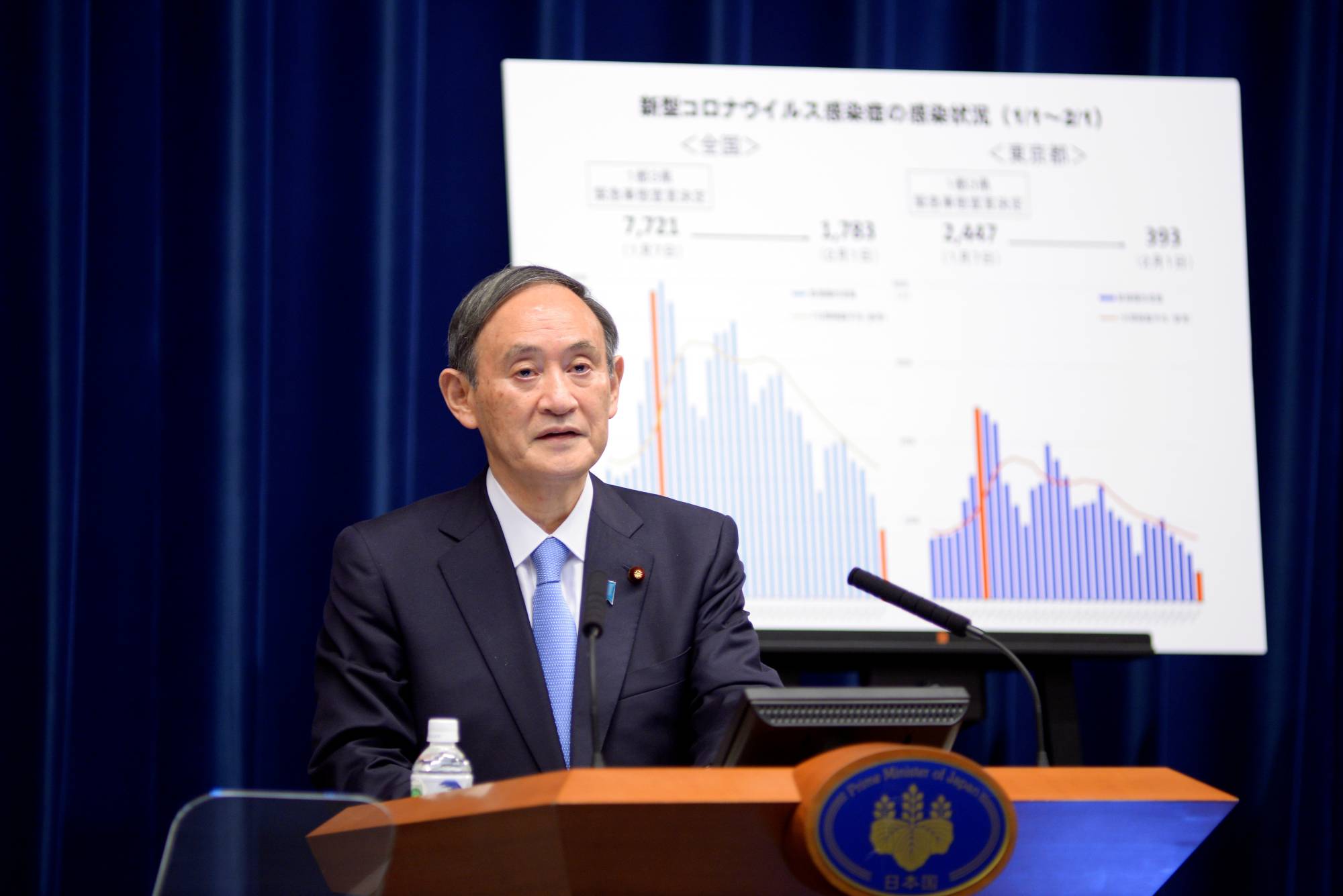 Prime Minister Yoshihide Suga addresses a news conference on the coronavirus situation, at the Prime Minister's Office in Tokyo on Tuesday.  | POOL / VIA REUTERS