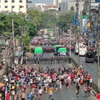 A demonstration against the military coup in Yangon, Myanmar, on Saturday.  | MYANMAR NOW / VIA REUTERS