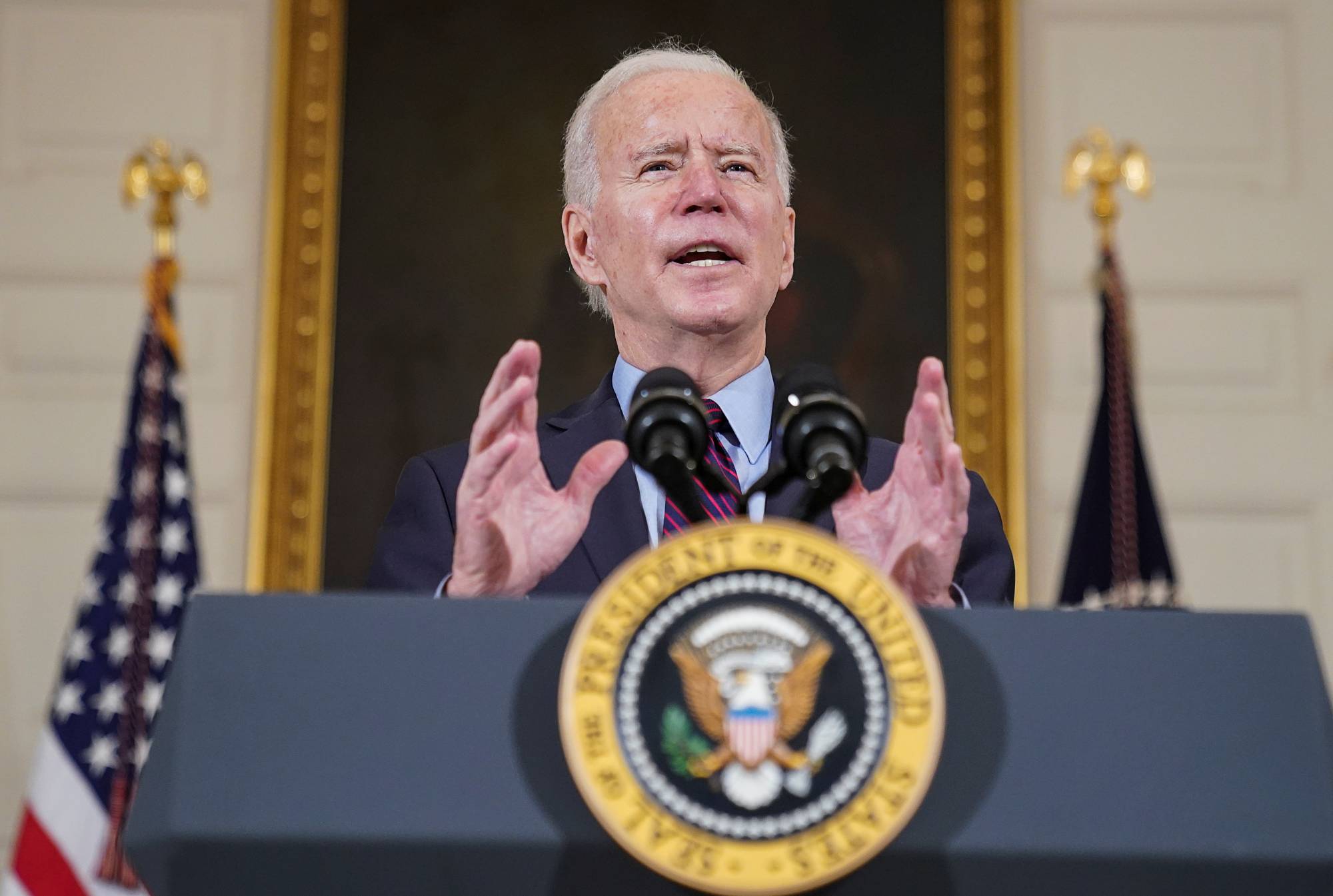 U.S. President Joe Biden delivers a speech in the State Dining Room at the White House in Washington on Friday. | REUTERS