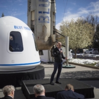 Jeff Bezos announces Blue Origin’s New Shepard space system during the 33rd Space Symposium in Colorado Springs, Colorado, in April 2017.   | NICK COTE / THE NEW YORK TIMES