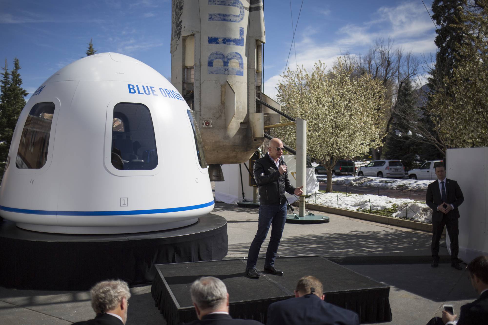 Jeff Bezos announces Blue Origin’s New Shepard space system during the 33rd Space Symposium in Colorado Springs, Colorado, in April 2017. | Nick Cote / The New York Times