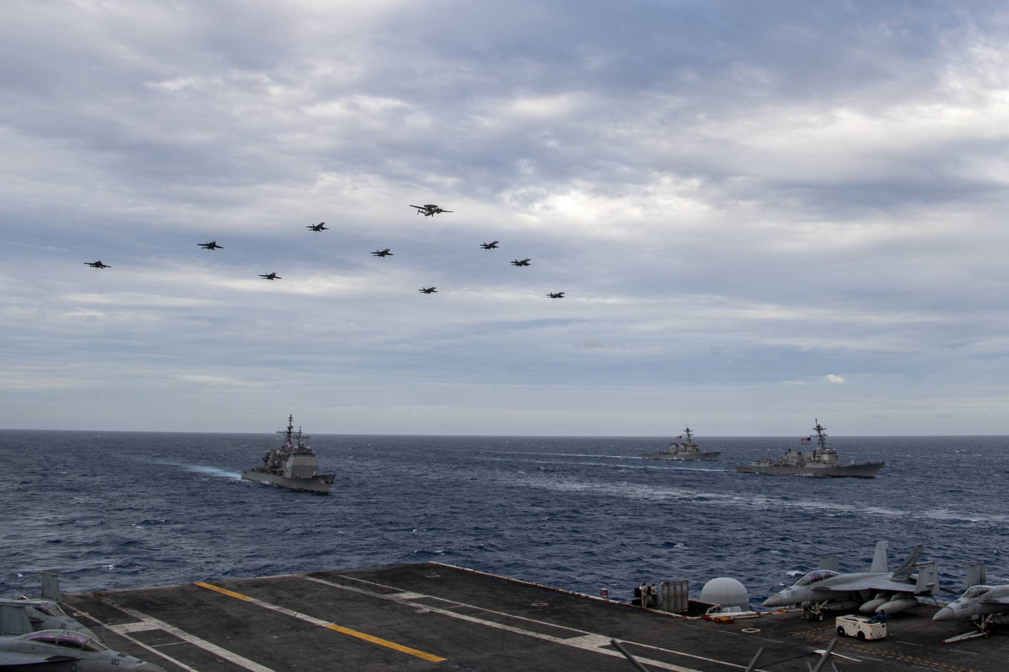 Aircraft assigned to the USS Theodore Roosevelt and USS Nimitz aircraft carrier strike group fly in the South China Sea on Tuesday during dual carrier operations. | U.S. NAVY