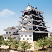 The restored iron plating on the castle’s north side (right, black) will debut in 2022.  city of fukuyama | CITY OF FUKUYAMA