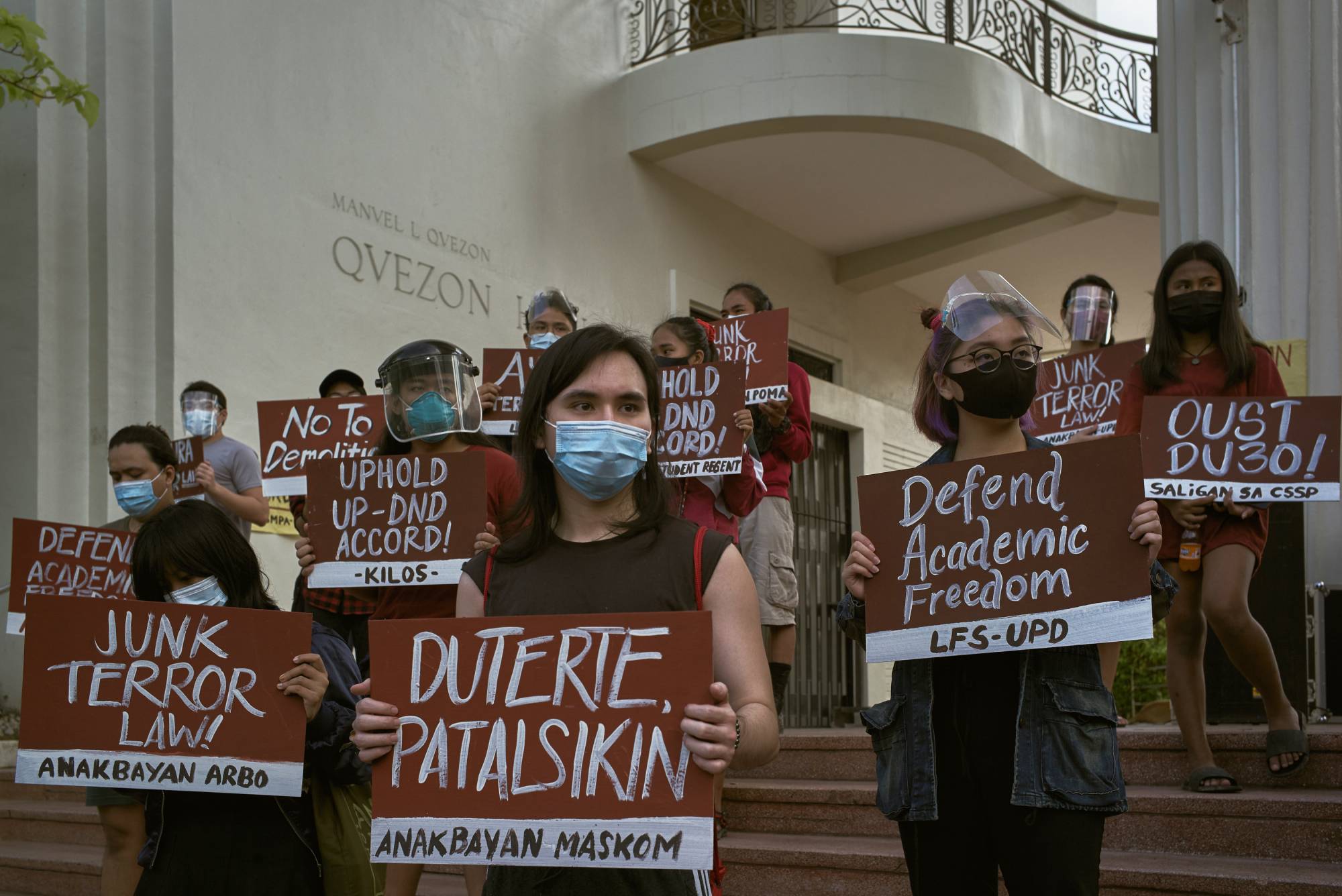 Protesters at the University of The Philippines in Quezon City on Jan. 28. The government in the Philippines has announced a decision to end a 32-year agreement barring security forces from a prestigious campus.  | JES AZNAR / THE NEW YORK TIMES
