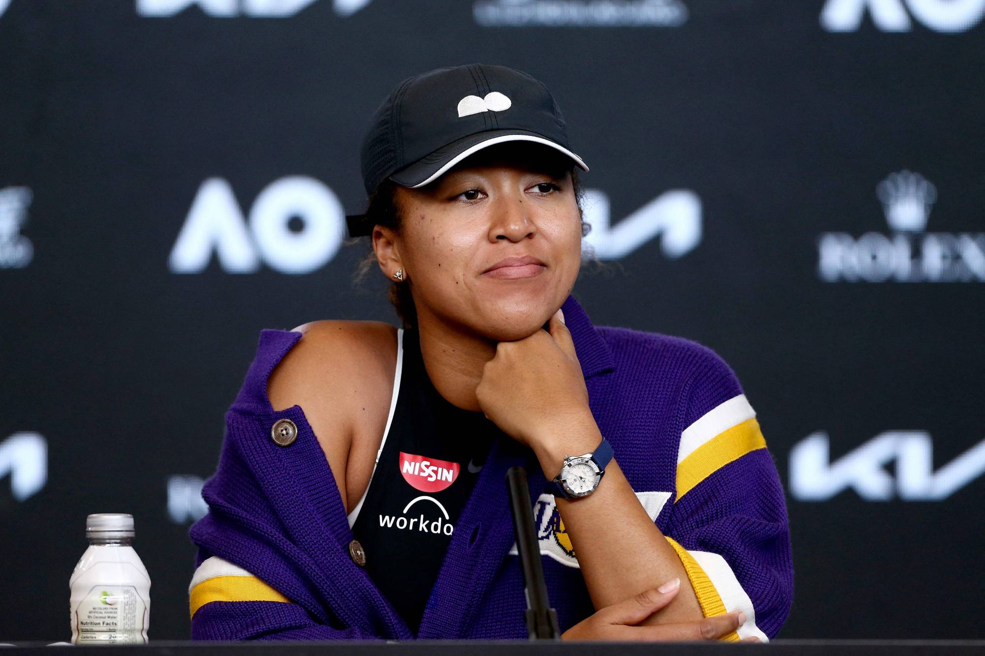 Naomi Osaka speaks at a news conference after winning her women's semi-final match against Serena Williams on Thursday. | AFP-JIJI