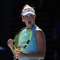 Jennifer Brady of the U.S. reacts after a point against Czech Republic\'s Karolina Muchova during their women\'s singles semifinal match in Melbourne on Thursday. | AFP-JIJI