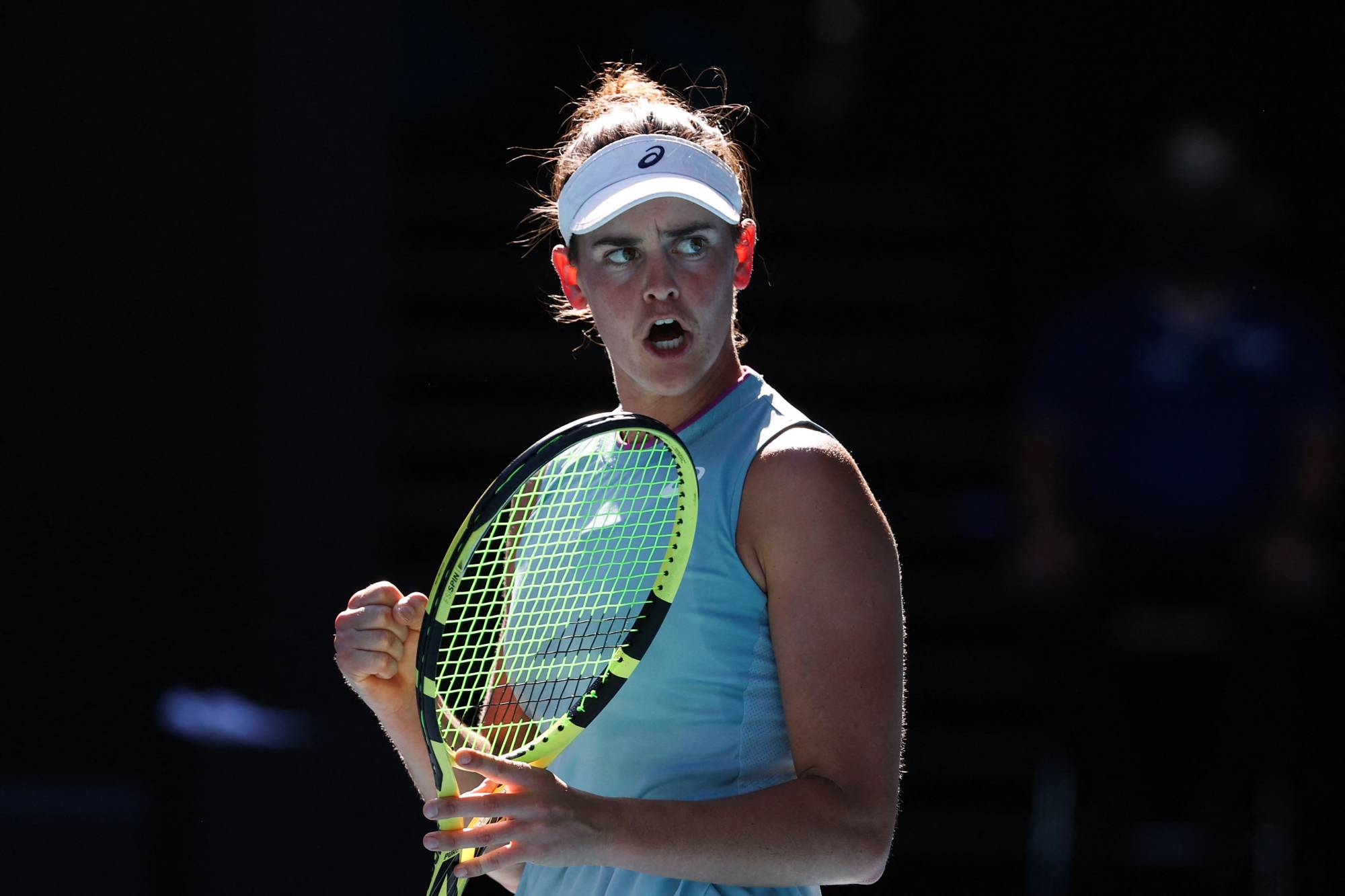 Jennifer Brady of the U.S. reacts after a point against Czech Republic's Karolina Muchova during their women's singles semifinal match in Melbourne on Thursday. | AFP-JIJI