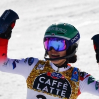 Asa Ando reacts as she crosses the finish line during second run of the women\'s slalom on Saturday at the FIS Alpine World Ski Championships in Cortina d\'Ampezzo, Italy. | AFP-JIJI