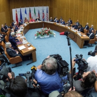 Representatives from Iran and world powers meet during a U.N. session in Vienna on July 14, 2015, the day the Iran nuclear deal was reached. 
 | POOL / VIA REUTERS 