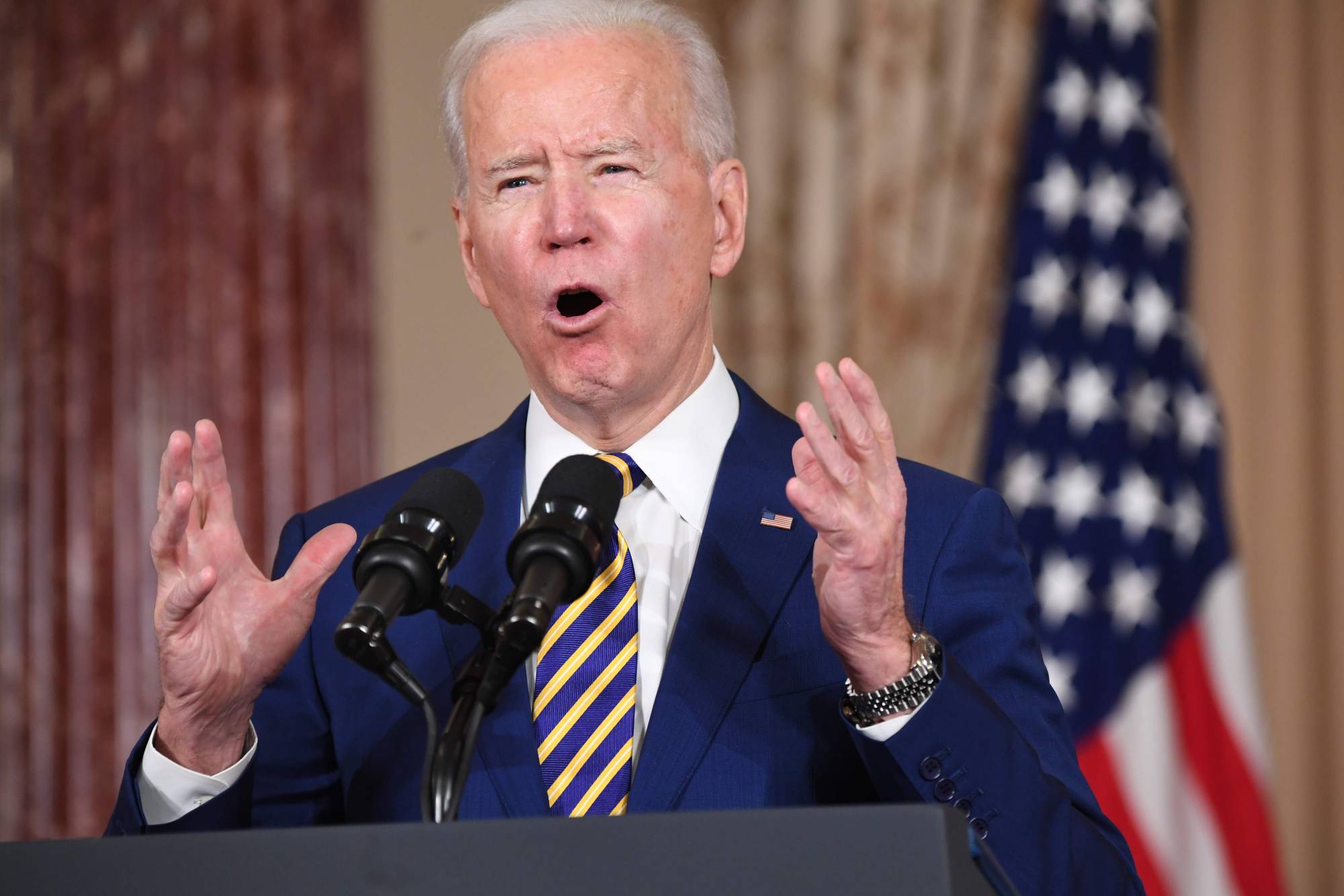 U.S. President Joe Biden speaks about foreign policy at the State Department in Washington on Feb. 4. | AFP-Jiji