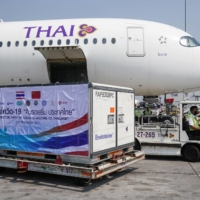 A container with Sinovac COVID-19 vaccines arrives at Bangkok\'s Suvarnabhumi International Airport on Wednesday. | REUTERS