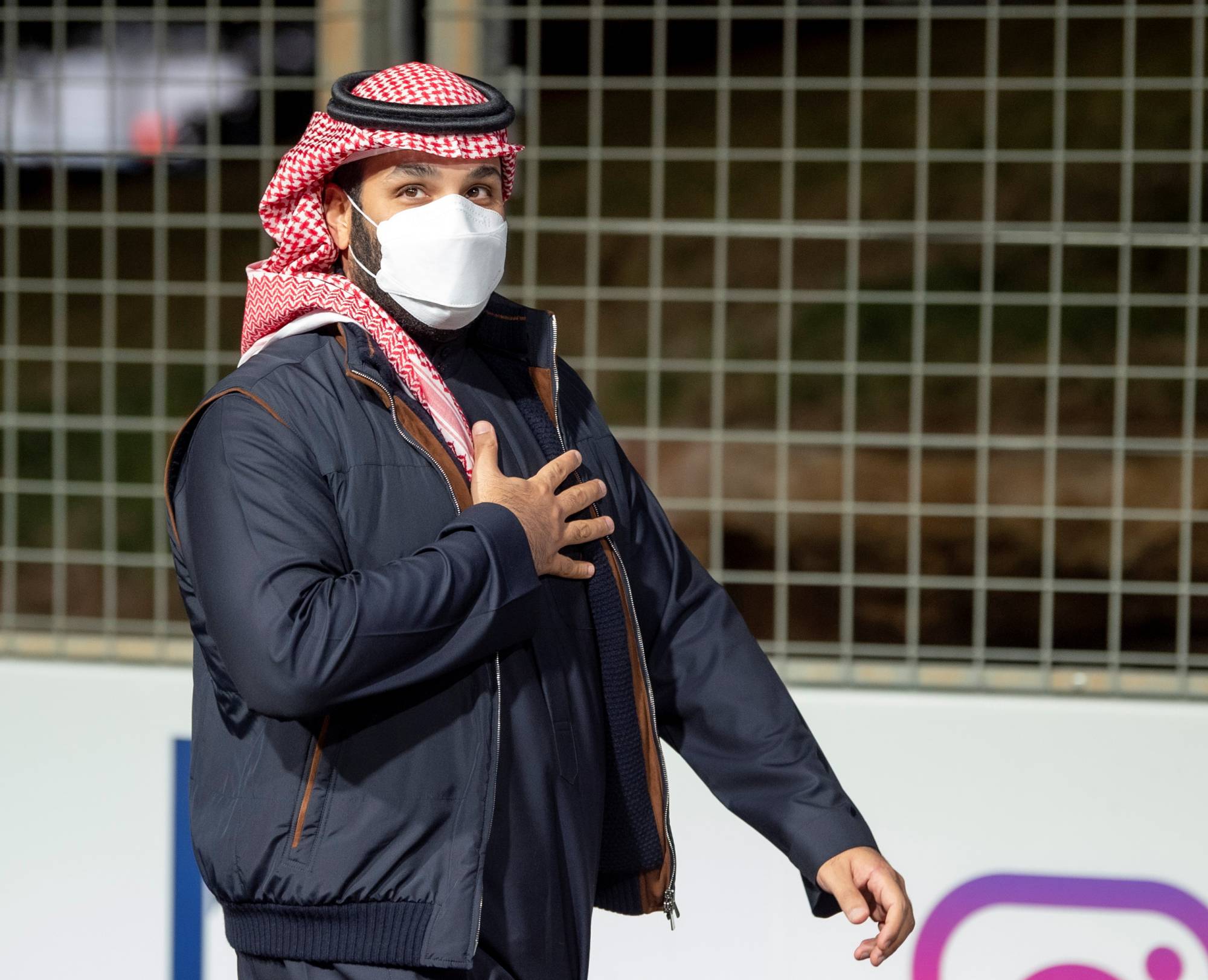 Saudi Crown Prince Mohammed bin Salman arrives at the Diriyah E-Prix 2021 in Riyadh on Saturday. | Bandar Algaloud / Saudi Royal Court / via REUTERS