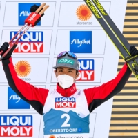 Akito Watabe poses for a picture after placing third in the men\'s large hill individual Gundersen Nordic Combined event at the FIS Nordic Ski World Championships in Oberstdorf, Germany, on Thursday. | AFP-JIJI