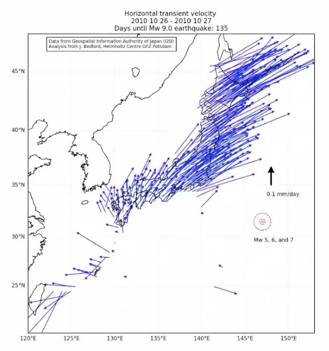 A map shows the transient movement of Japan on Oct. 26, 2010, at the start of what geophysicist Jonathan Bedford calls a 'wobble' preceding the Great East Japan Earthquake on March 11, 2011. | COURTESY OF JONATHAN BEDFORD 