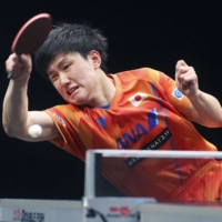 Tomokazu Harimoto competes in the men\'s single final of the World Table Tennis Star Contender tournament in Doha on Saturday. | WTT DOHA 2021 / VIA KYODO