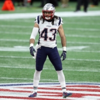 Giants safety Nate Ebner, seen playing for the Patriots at Super Bowl LIII in 2019, is aiming to represent the United States in rugby sevens at the 2020 Tokyo Olympics. | USA TODAY / VIA REUTERS
