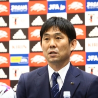 Samurai Blue head coach Hajime Moriyasu speaks at a news conference announcing Japan\'s squad for upcoming international matches against South Korea and Mongolia. | COURTESY OF THE JAPAN FOOTBALL ASSOCIATION