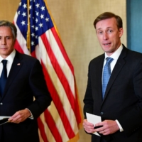 U.S. Secretary of State Antony Blinken (left) and national security adviser Jake Sullivan address reporters following closed-door morning talks between the United States and China upon conclusion of their two days of meetings in Anchorage, Alaska, on Friday.  | POOL / VIA REUTERS
